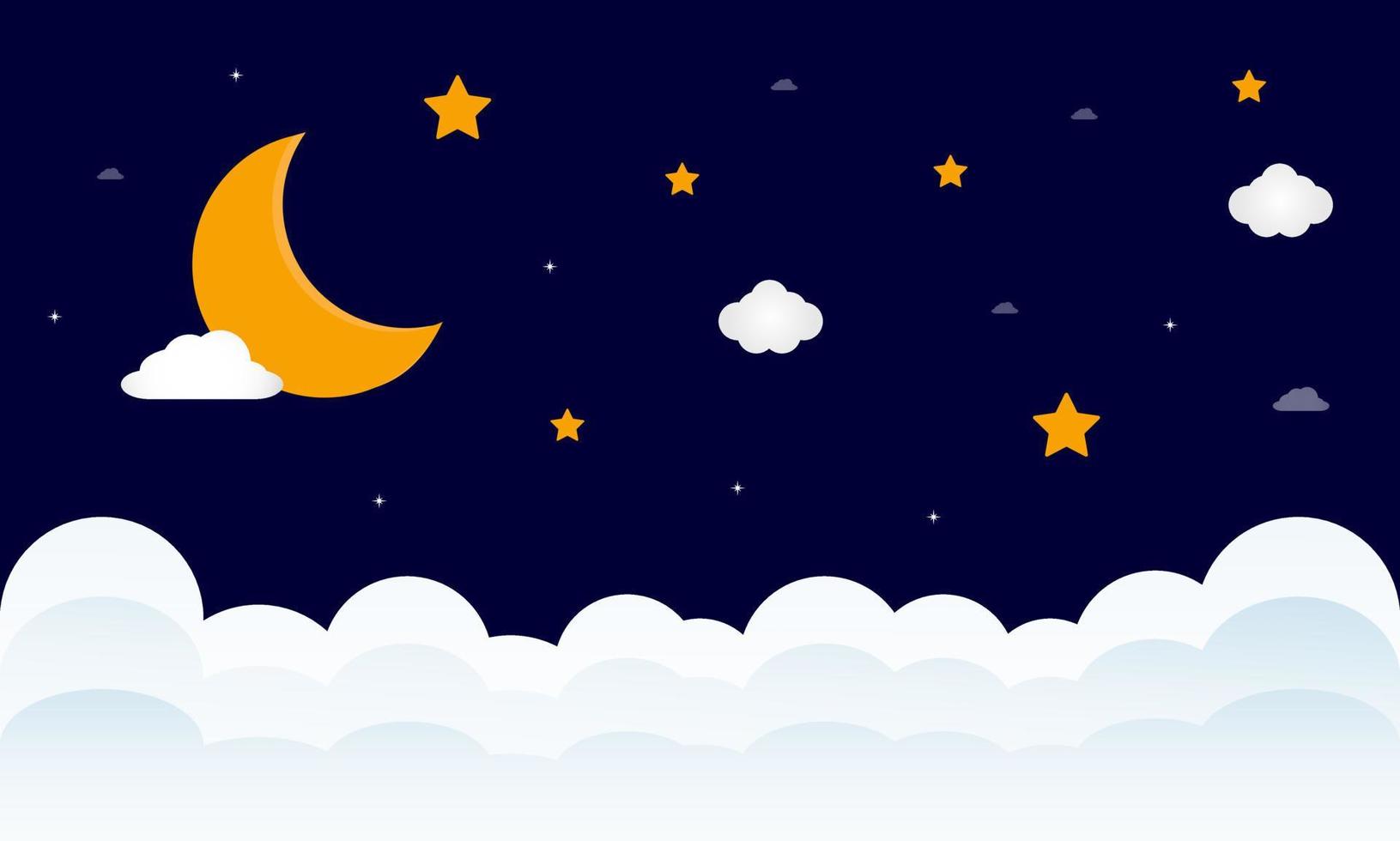 Sweet dreams. Crescent moon, clouds and stars on night background. Vector illustration.