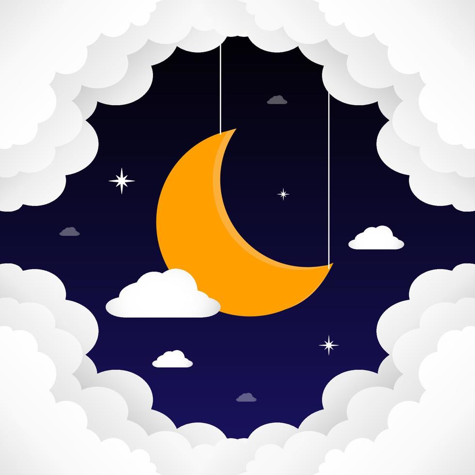 Sweet dreams. Crescent moon, clouds and stars on night background. Vector illustration.