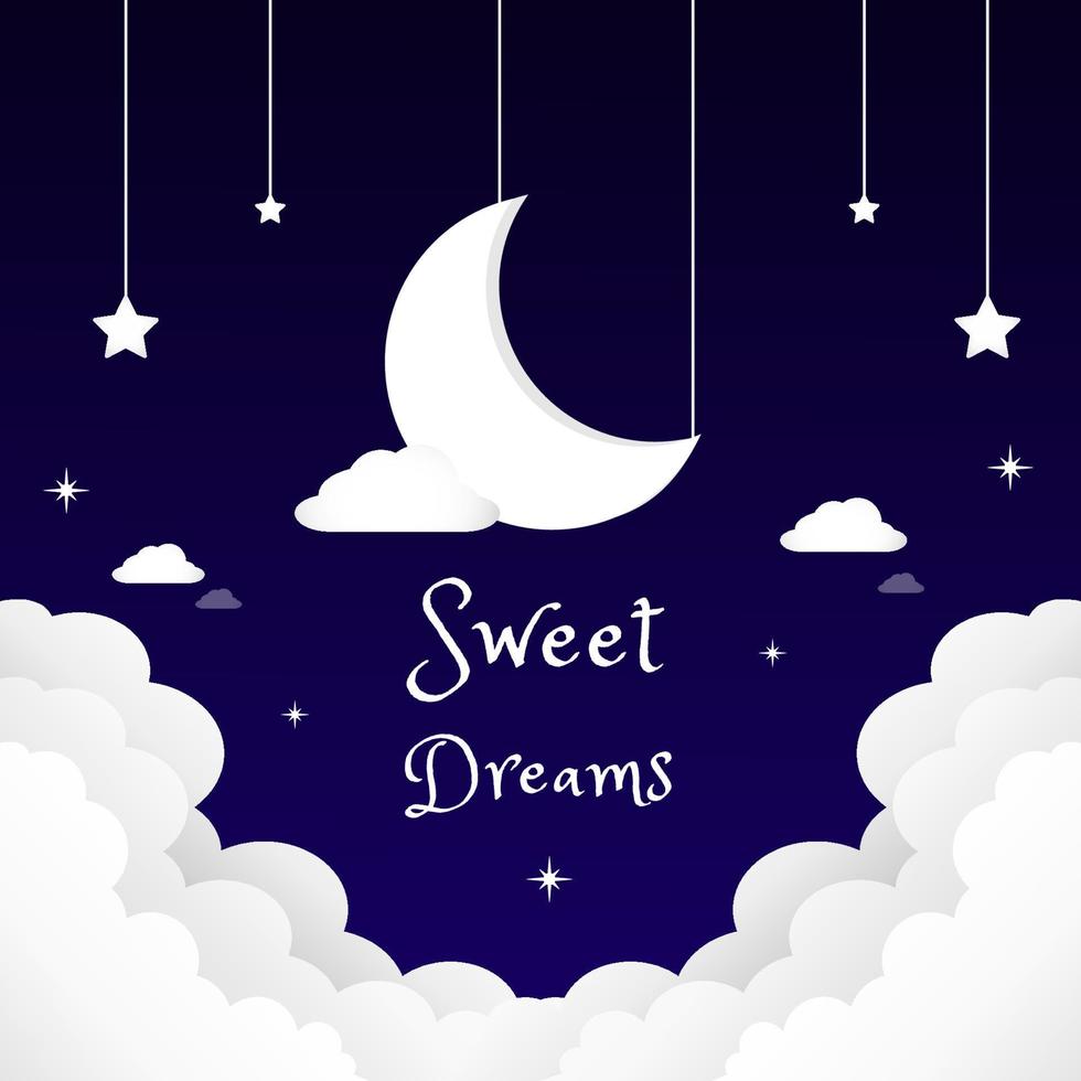 Sweet dreams. Crescent moon, stars and clouds on night background. Vector illustration.