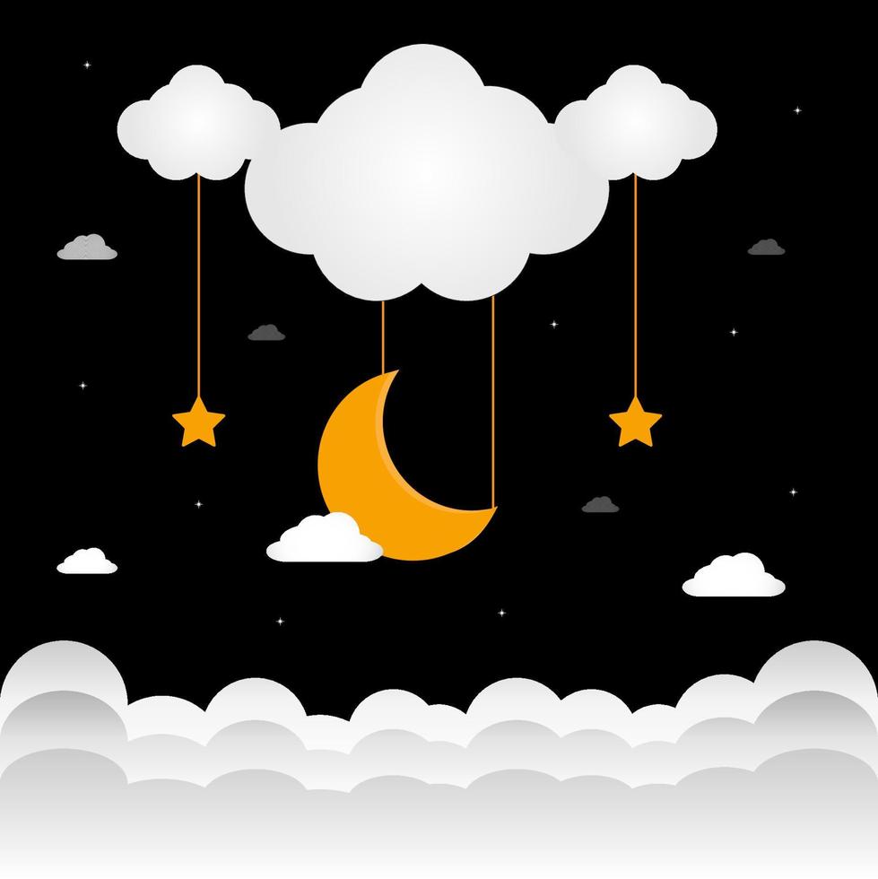 Sweet dreams. Crescent moon, clouds and stars on black night background. Vector illustration.