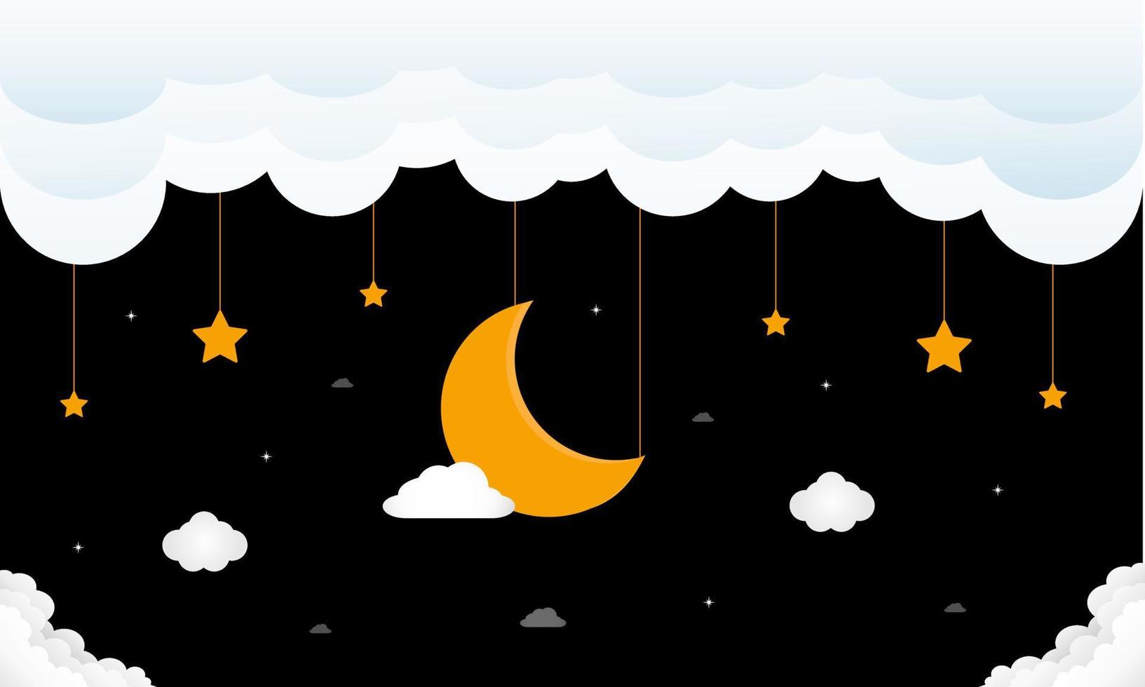 Sweet dreams. Crescent moon, clouds and stars on black night background. Vector illustration.