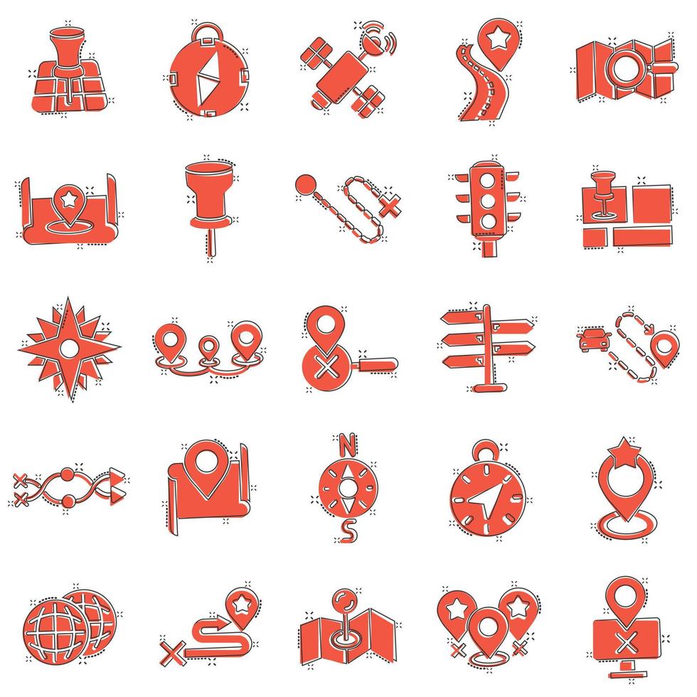 Navigation icon set in comic style. Gps direction cartoon vector illustration on white isolated background. Locate pin position splash effect business concept.