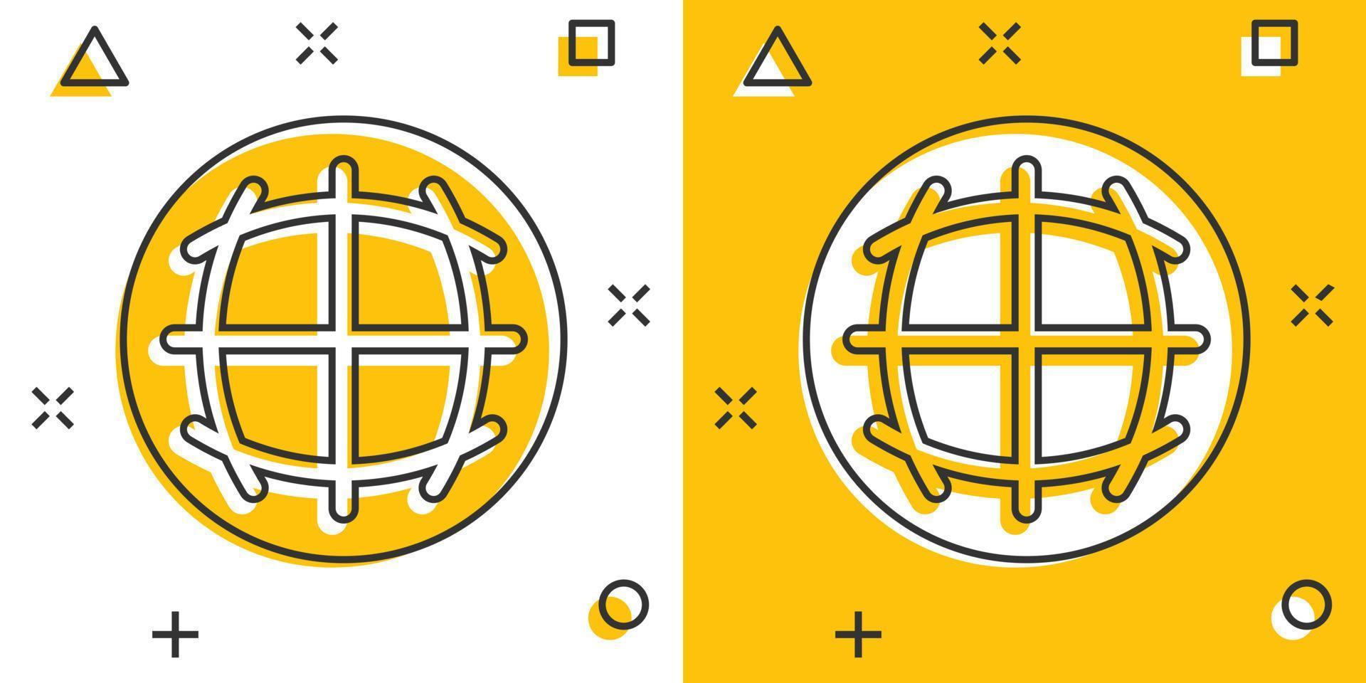 icono del planeta tierra en estilo cómico. ilustración de vector de dibujos animados geográficos de globo sobre fondo blanco aislado. concepto de negocio de efecto de salpicadura de comunicación global.