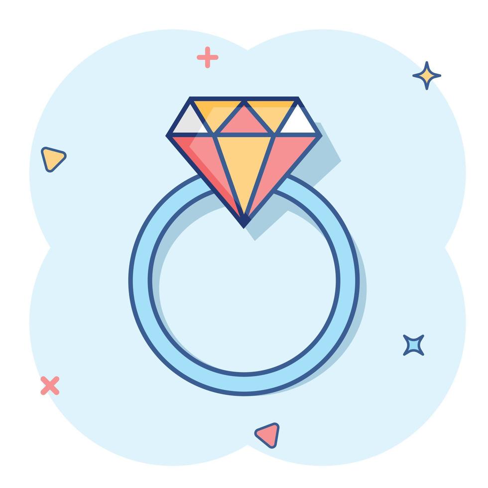 anillo de compromiso de dibujos animados vectoriales con icono de diamante en estilo cómico. pictograma de ilustración de anillo de joyería de boda. concepto de efecto de salpicadura de negocio de relación romántica. vector