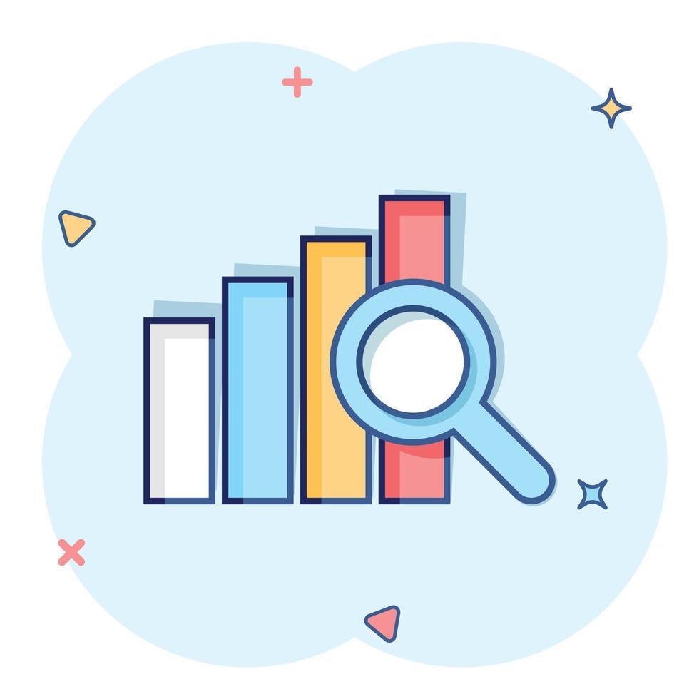 Vector cartoon financial forecast icon in comic style. Analytics financial forecast concept illustration pictogram. Diagram with loupe business splash effect concept.