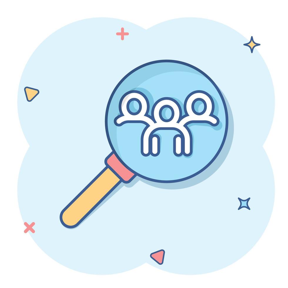 Search job vacancy icon in comic style. Loupe career cartoon vector illustration on white isolated background. Find people employer splash effect business concept.