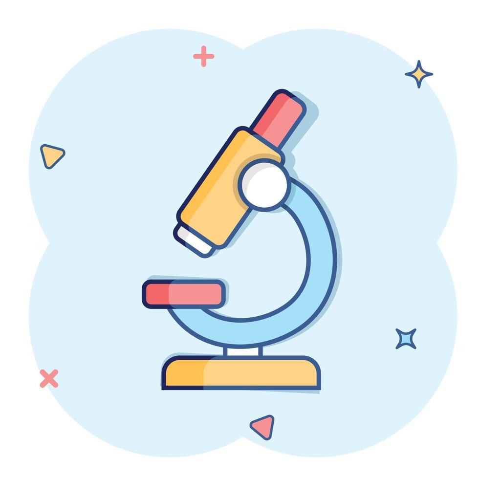 Microscope icon in comic style. Laboratory magnifier cartoon vector illustration on isolated background. Biology instrument splash effect sign business concept.