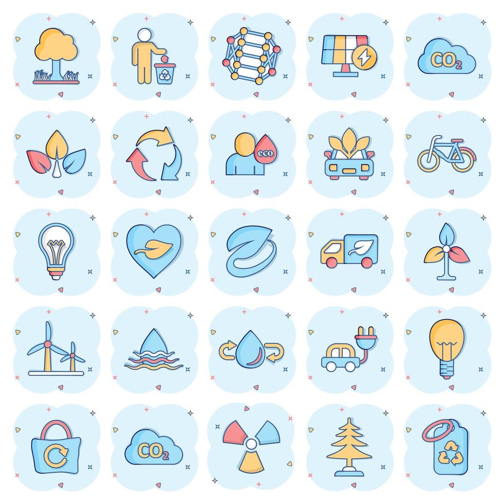 Eco environment icons set in comic style. Ecology cartoon vector illustration on white isolated background. Bio emblem splash effect sign business concept.