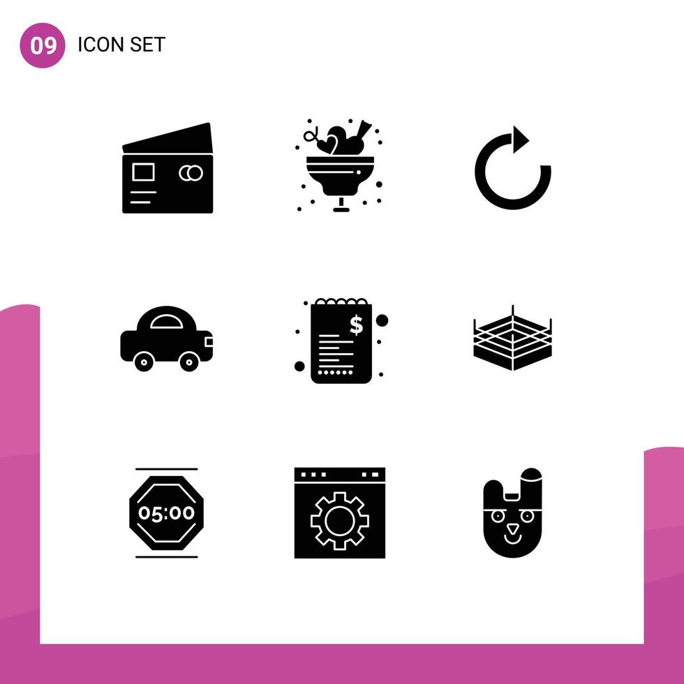 Mobile Interface Solid Glyph Set of 9 Pictograms of commerce travel ice car refresh Editable Vector Design Elements