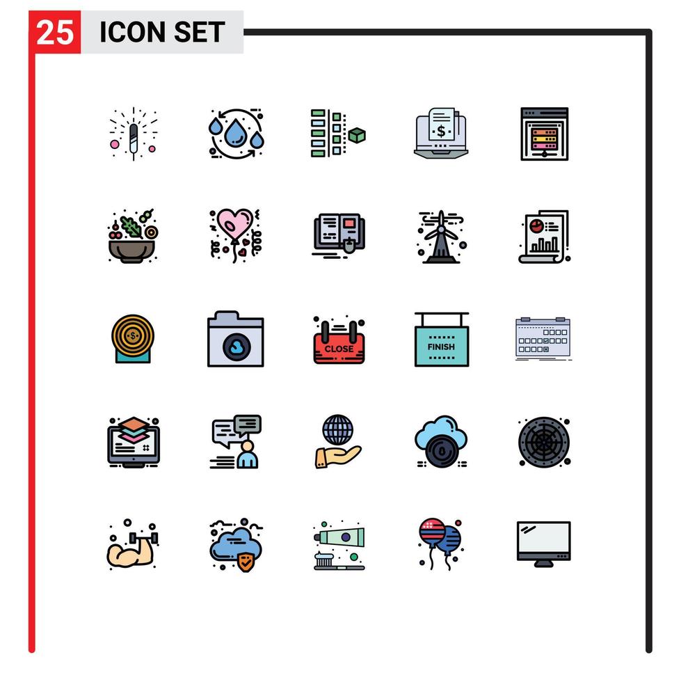 Group of 25 Modern Filled line Flat Colors Set for computer server subscription model development model product Editable Vector Design Elements