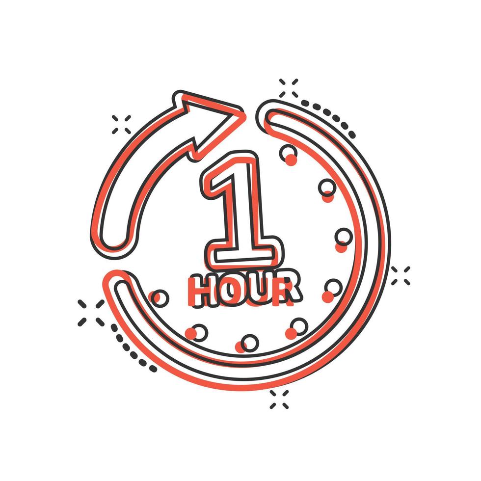 1 hour clock icon in comic style. Timer countdown cartoon vector illustration on isolated background. Time measure splash effect sign business concept.