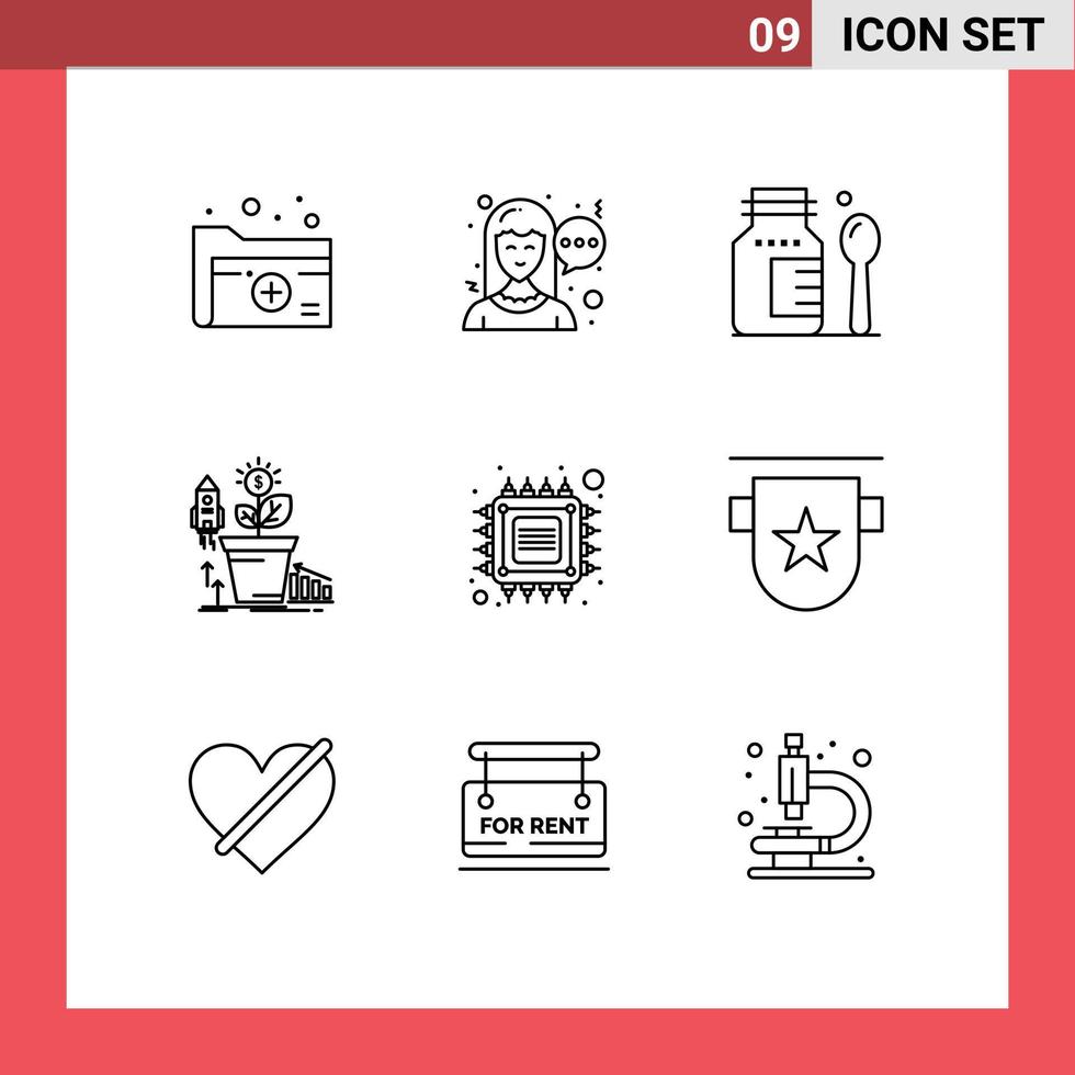 Group of 9 Outlines Signs and Symbols for computer profit healthcare money financial Editable Vector Design Elements