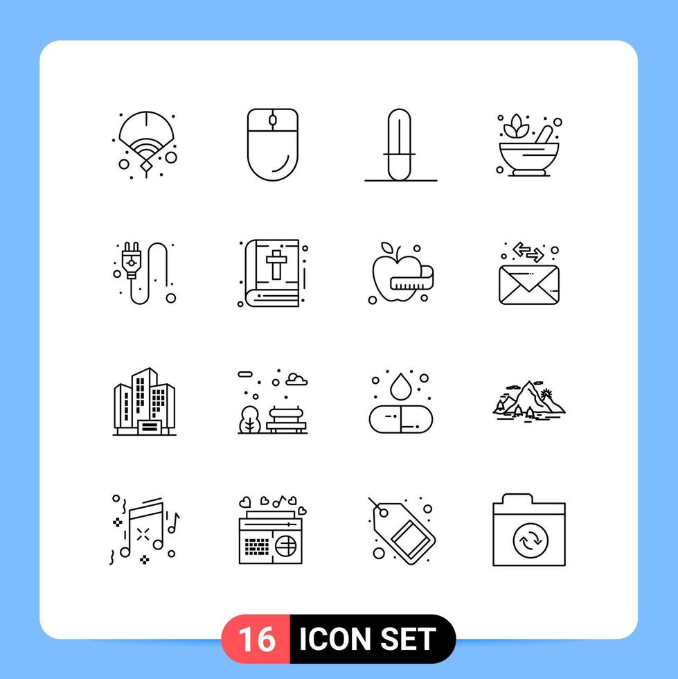 16 Universal Outlines Set for Web and Mobile Applications socket electric light saber lotus pharmacy Editable Vector Design Elements