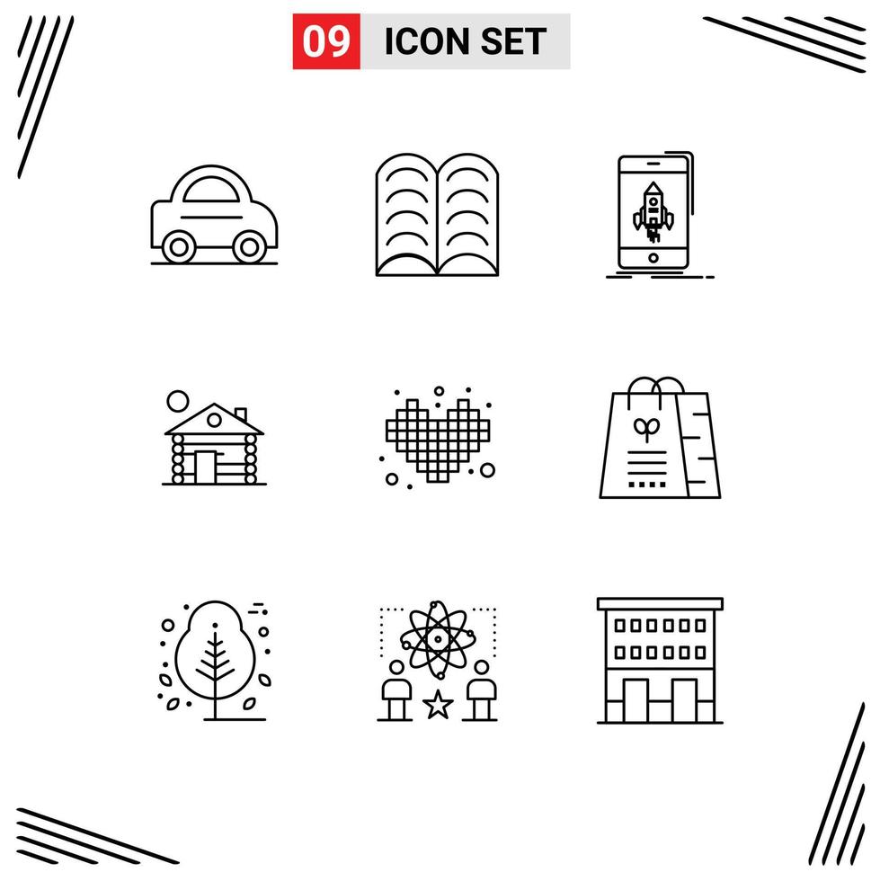 Mobile Interface Outline Set of 9 Pictograms of play competition start home building Editable Vector Design Elements