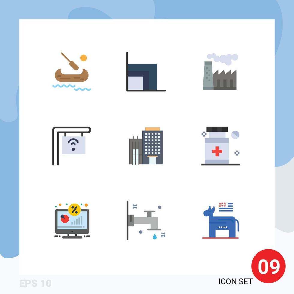 9 Universal Flat Color Signs Symbols of service building pollution hotel internet Editable Vector Design Elements