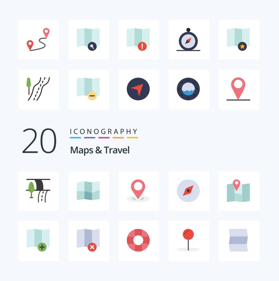 20 Maps  Travel Flat Color icon Pack like travel road warning star map vector