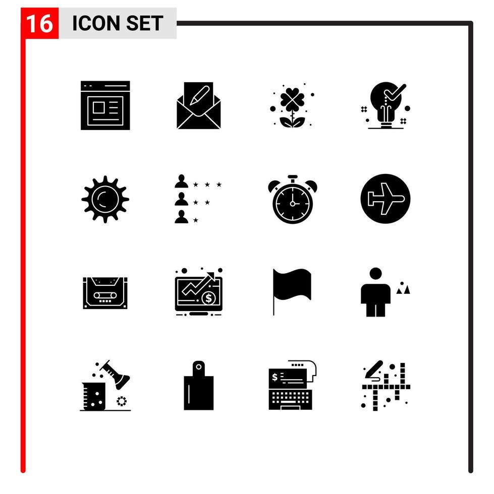 conjunto moderno de 16 glifos y símbolos sólidos, como elementos de diseño de vectores editables de bombilla de luz de correo sun ok