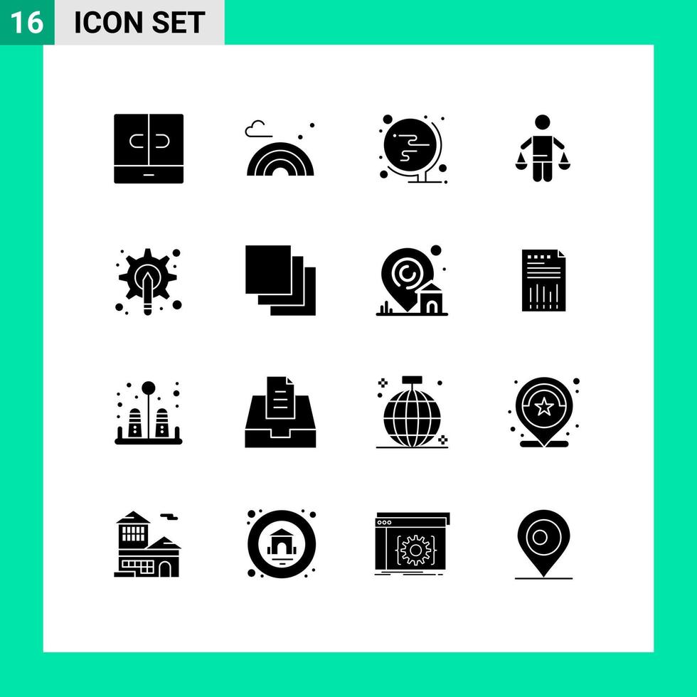 Set of 16 Commercial Solid Glyphs pack for designer judgment school court patent Editable Vector Design Elements