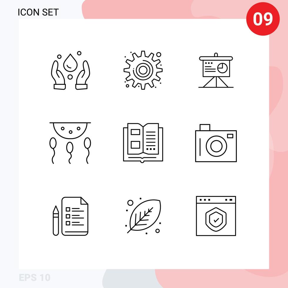 9 Universal Outlines Set for Web and Mobile Applications information process analytics laboratory biology Editable Vector Design Elements
