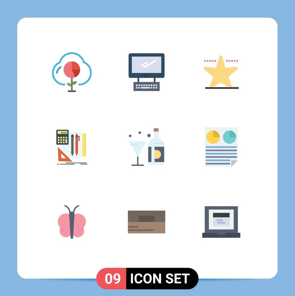 Editable Vector Line Pack of 9 Simple Flat Colors of drink calculator imac book star Editable Vector Design Elements