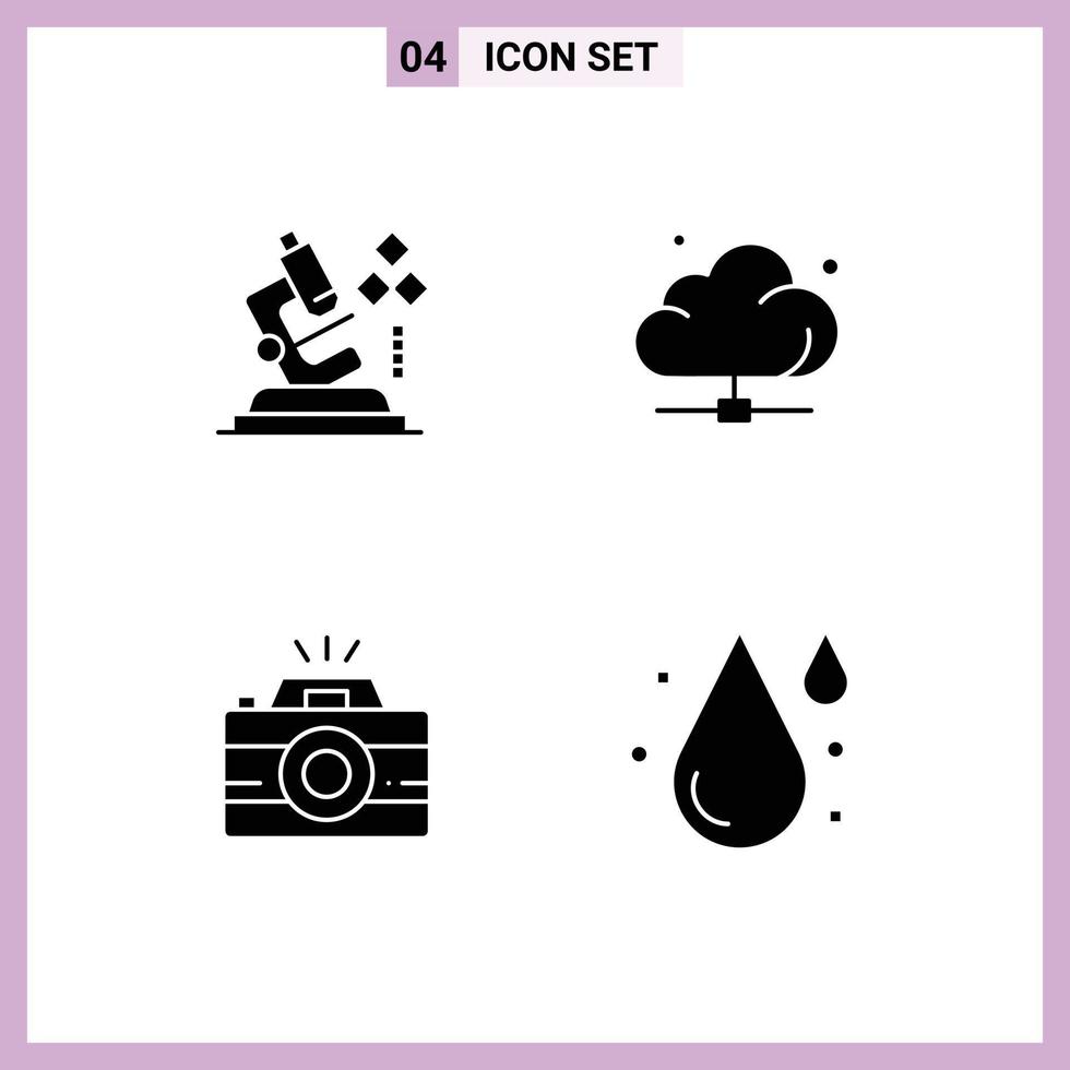 Mobile Interface Solid Glyph Set of 4 Pictograms of microscope camera medical network photo Editable Vector Design Elements