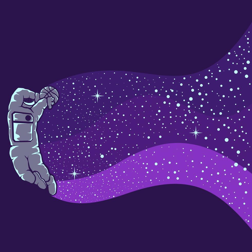 Astronauts playing basketball isolated in purple vector