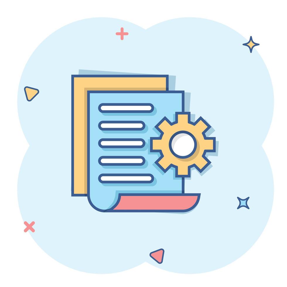 Document with gear icon in comic style. Big data processing cartoon vector illustration on white isolated background. Paper sheet software solution splash effect business concept.