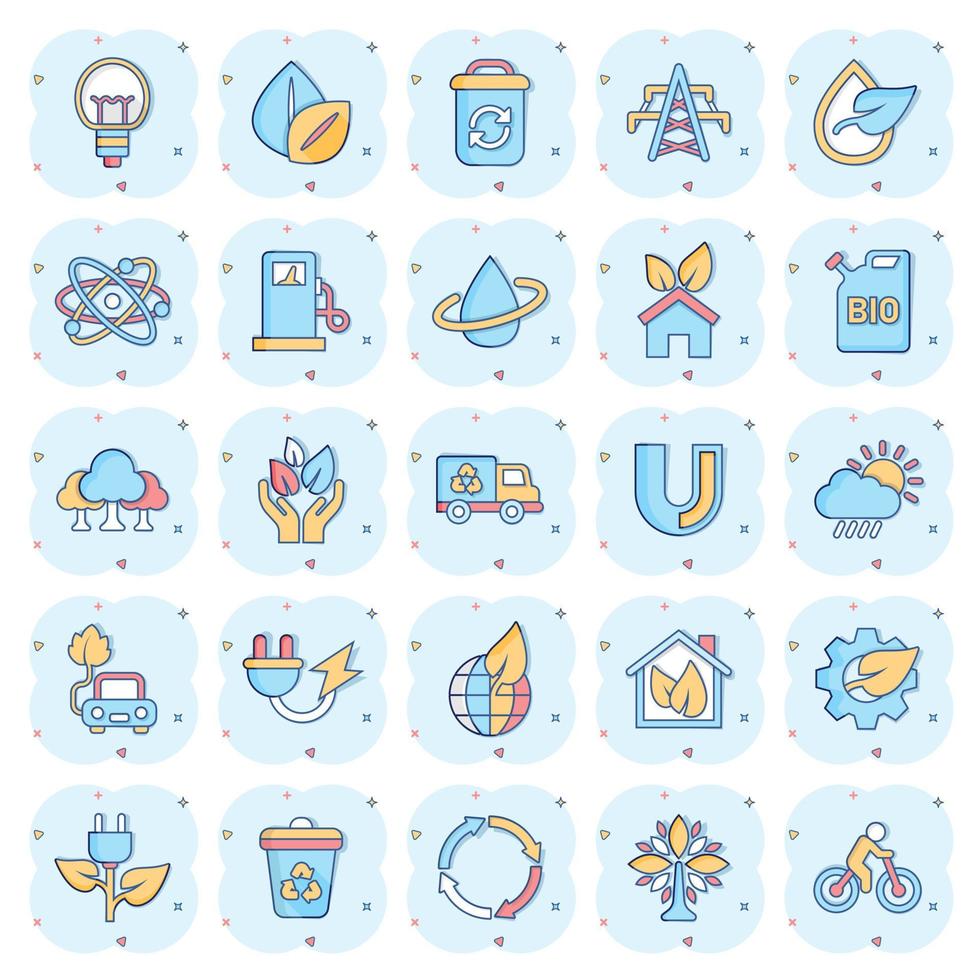 Eco environment icons set in comic style. Ecology cartoon vector illustration on white isolated background. Bio emblem splash effect sign business concept.