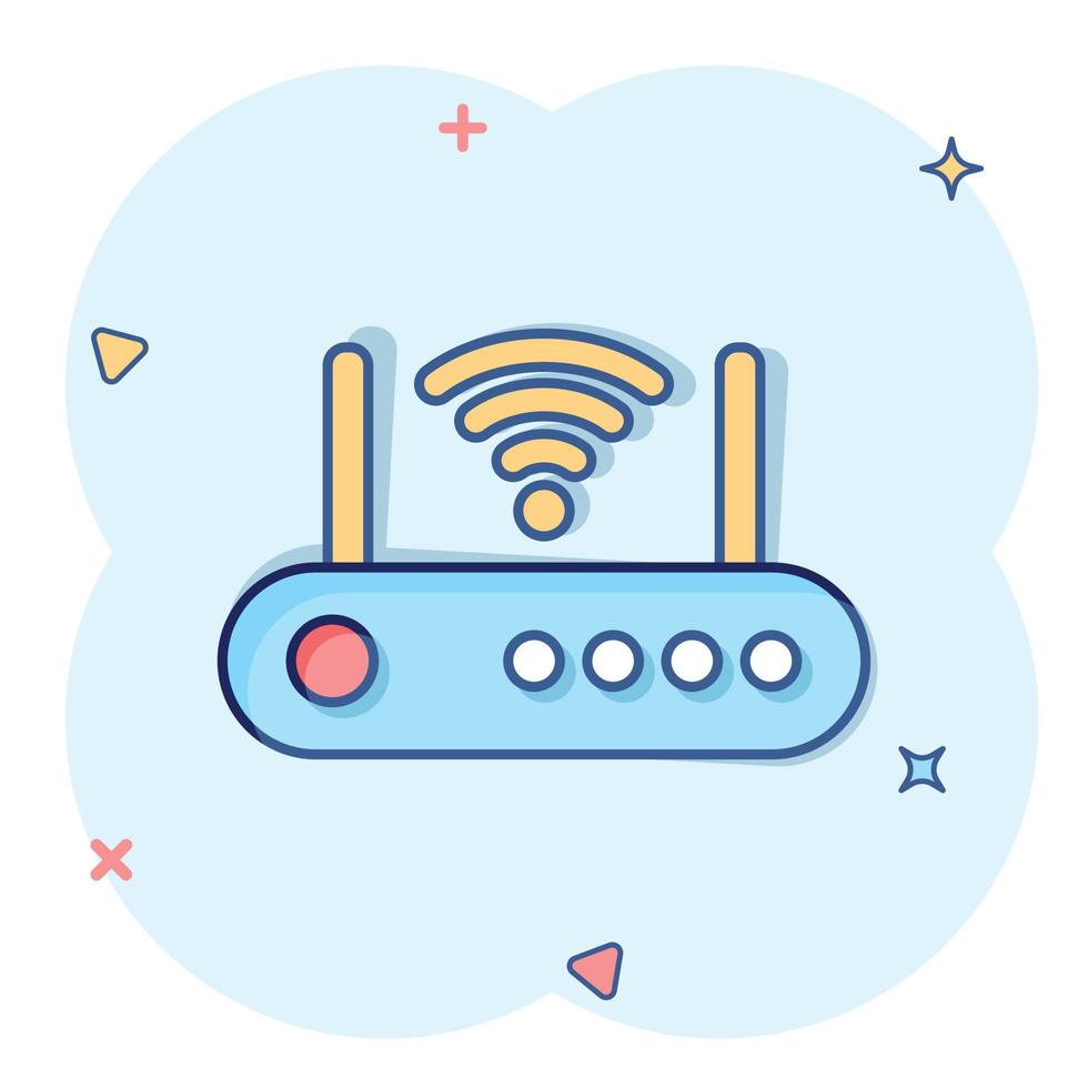 icono de enrutador wifi en estilo cómico. ilustración vectorial de dibujos animados de banda ancha sobre fondo blanco aislado. concepto de negocio de efecto de salpicadura de conexión a Internet. vector