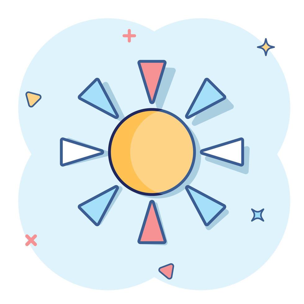 icono de sol en estilo cómico. ilustración de vector de signo de dibujos animados de luz solar sobre fondo blanco aislado. concepto de negocio de efecto de salpicadura de luz diurna.