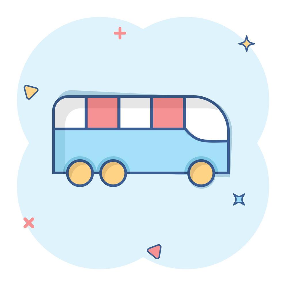 icono de autobús en estilo cómico. ilustración de vector de dibujos animados de entrenador sobre fondo blanco aislado. concepto de negocio de efecto de salpicadura de vehículo autobus.