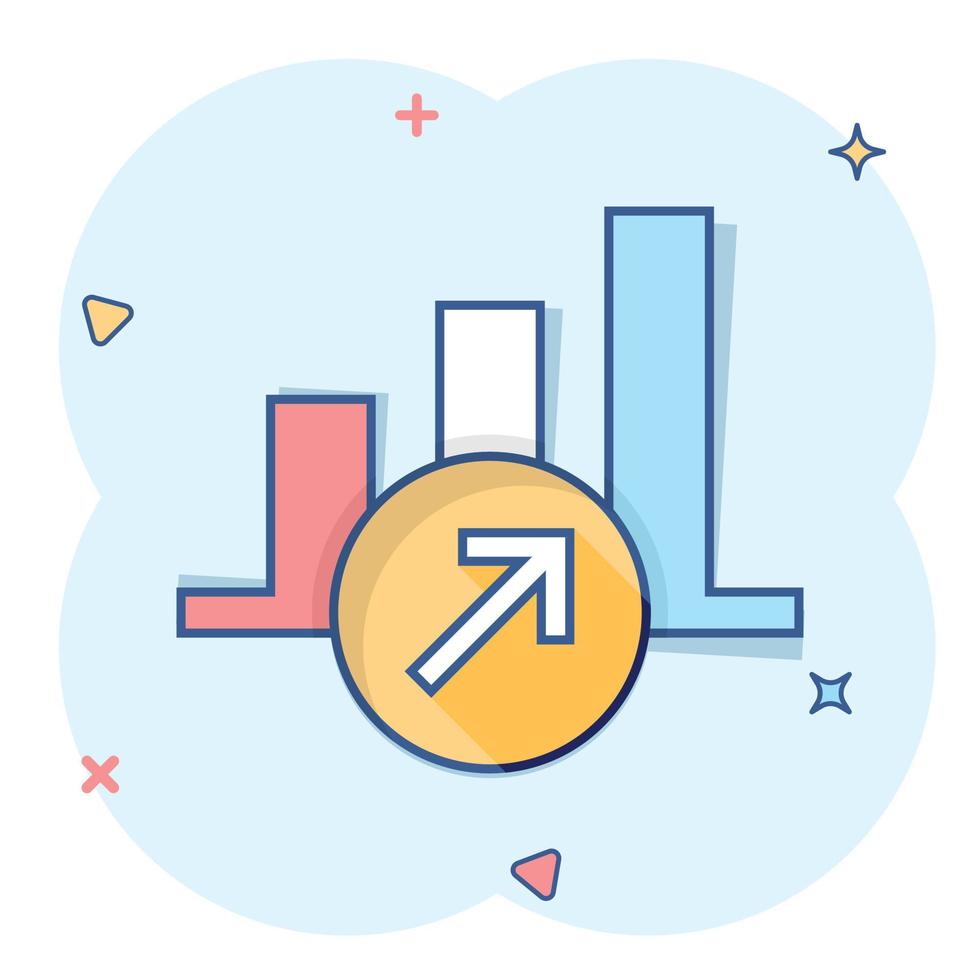 Market trend icon in comic style. Growth arrow with magnifier cartoon vector illustration on white isolated background. Increase splash effect business concept.