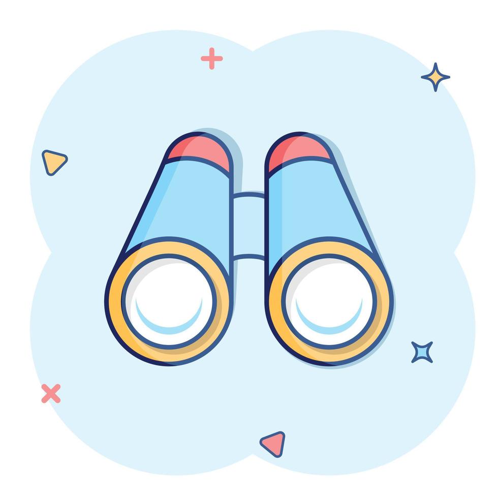 Binocular icon in comic style. Search cartoon vector illustration on white isolated background. Zoom splash effect business concept.