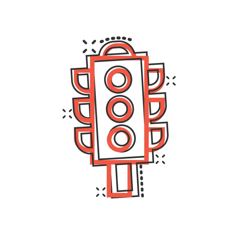 Semaphore icon in comic style. Traffic light cartoon vector illustration on white isolated background. Crossroads splash effect business concept.