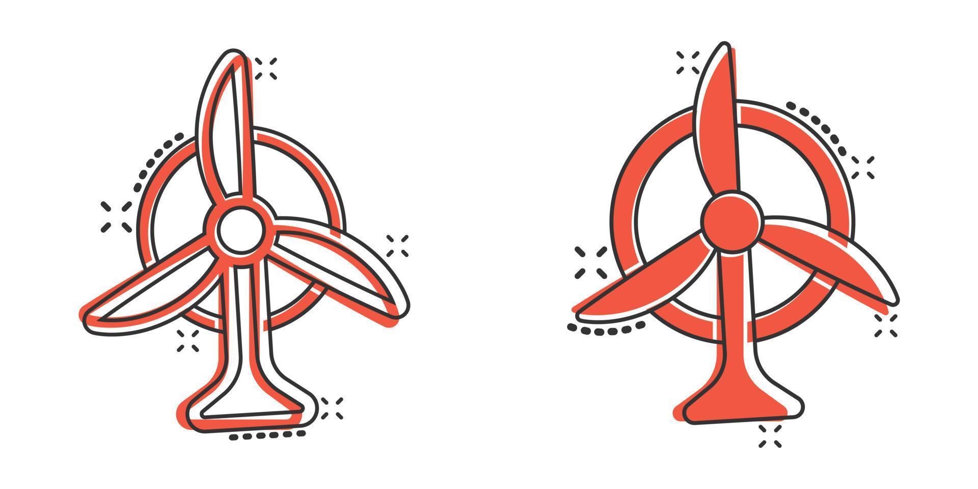 icono de planta de energía eólica en estilo cómico. Ilustración de vector de dibujos animados de turbina sobre fondo blanco aislado. concepto de negocio de signo de efecto de salpicadura de energía de aire.