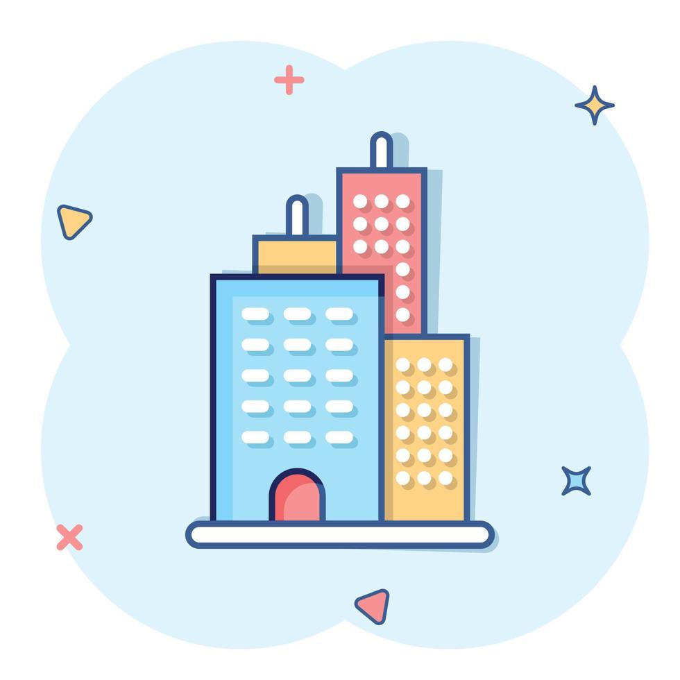 icono de construcción en estilo cómico. ciudad rascacielos apartamento dibujos animados vector ilustración sobre fondo blanco aislado. concepto de negocio de efecto de salpicadura de torre de la ciudad.