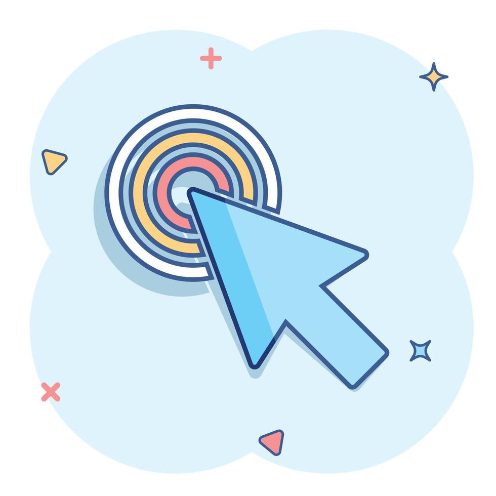 Computer mouse cursor icon in comic style. Arrow cursor vector cartoon illustration pictogram. Mouse aim business concept splash effect.