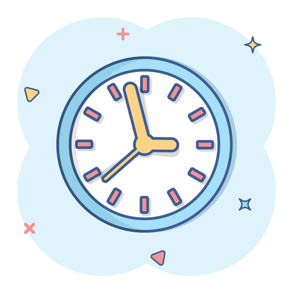 Clock sign icon in comic style. Time management vector cartoon illustration on white isolated background. Timer business concept splash effect.