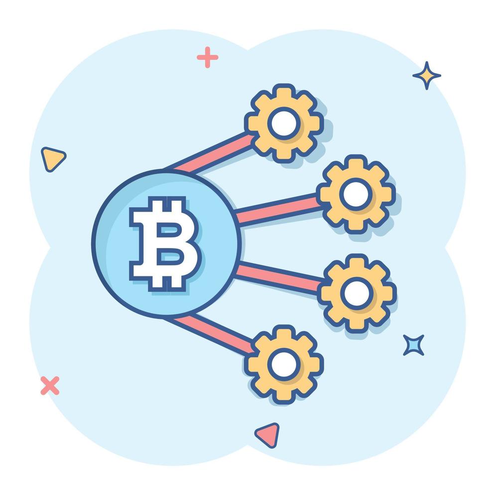 Bitcoin icon in comic style. Blockchain cartoon vector illustration on white isolated background. Cryptocurrency splash effect business concept.