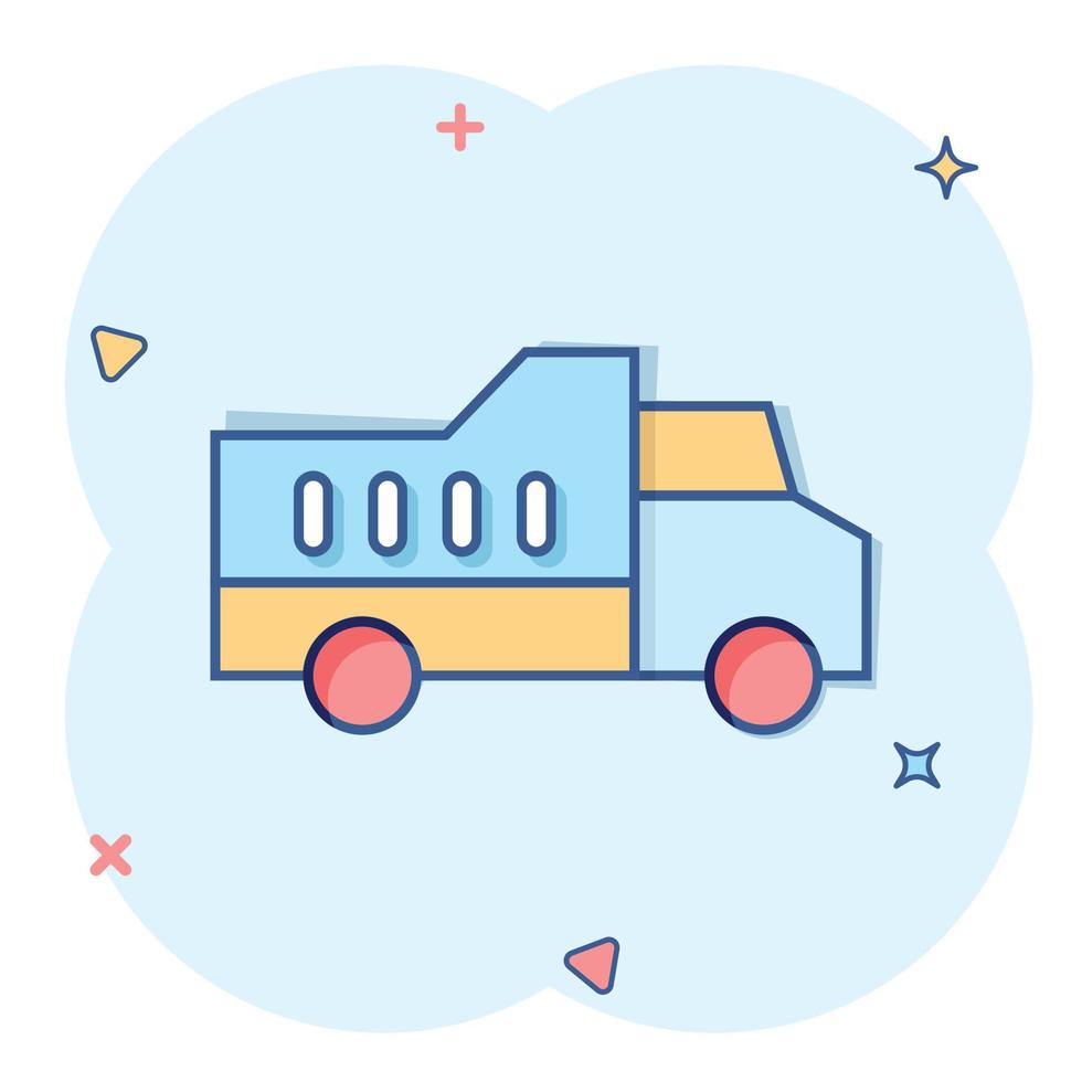 Delivery truck icon in comic style. Van cartoon vector illustration on white isolated background. Cargo car splash effect business concept.