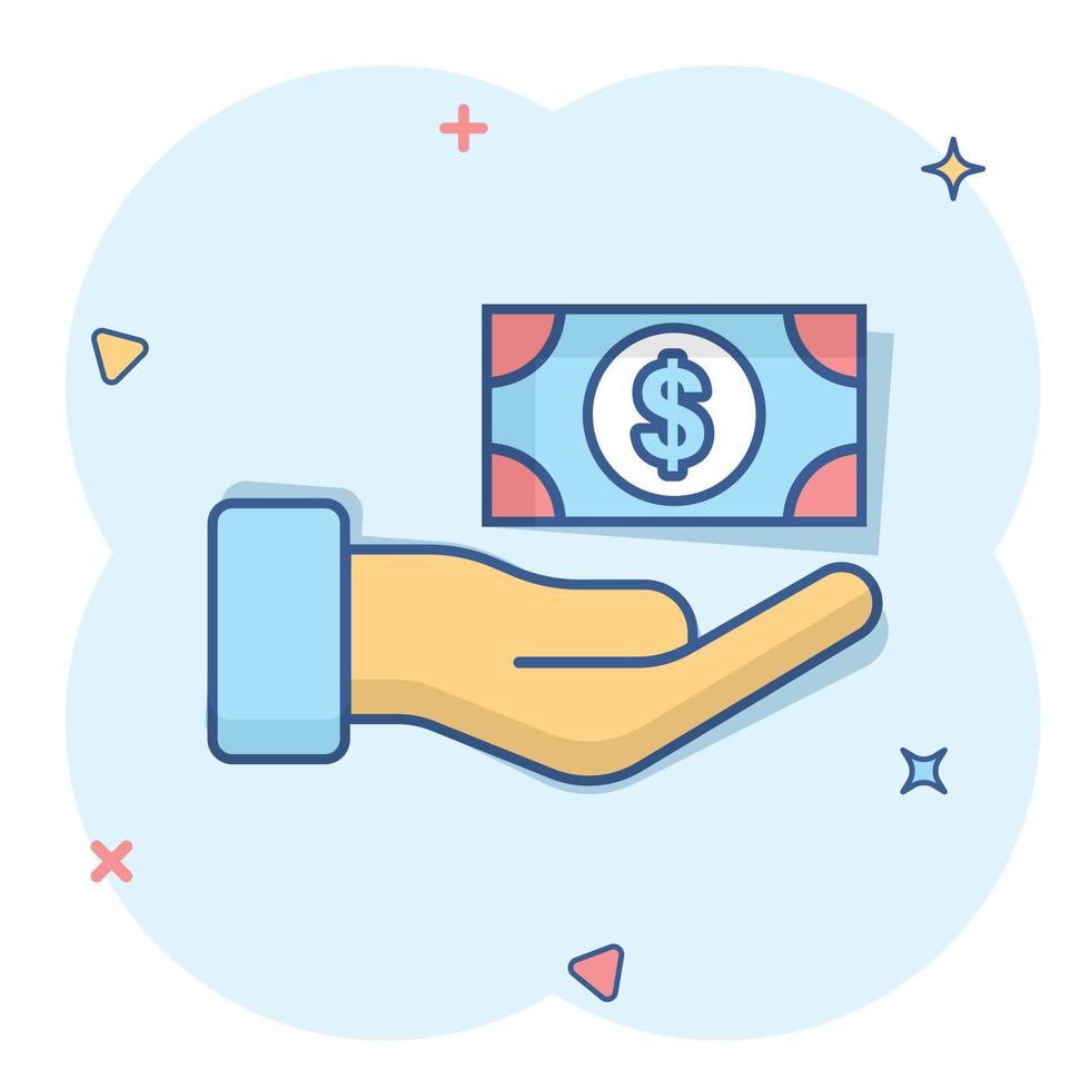 icono de remuneración en estilo cómico. dinero en la mano ilustración vectorial de dibujos animados sobre fondo blanco aislado. concepto de negocio de efecto de salpicadura de nómina de billetes. vector