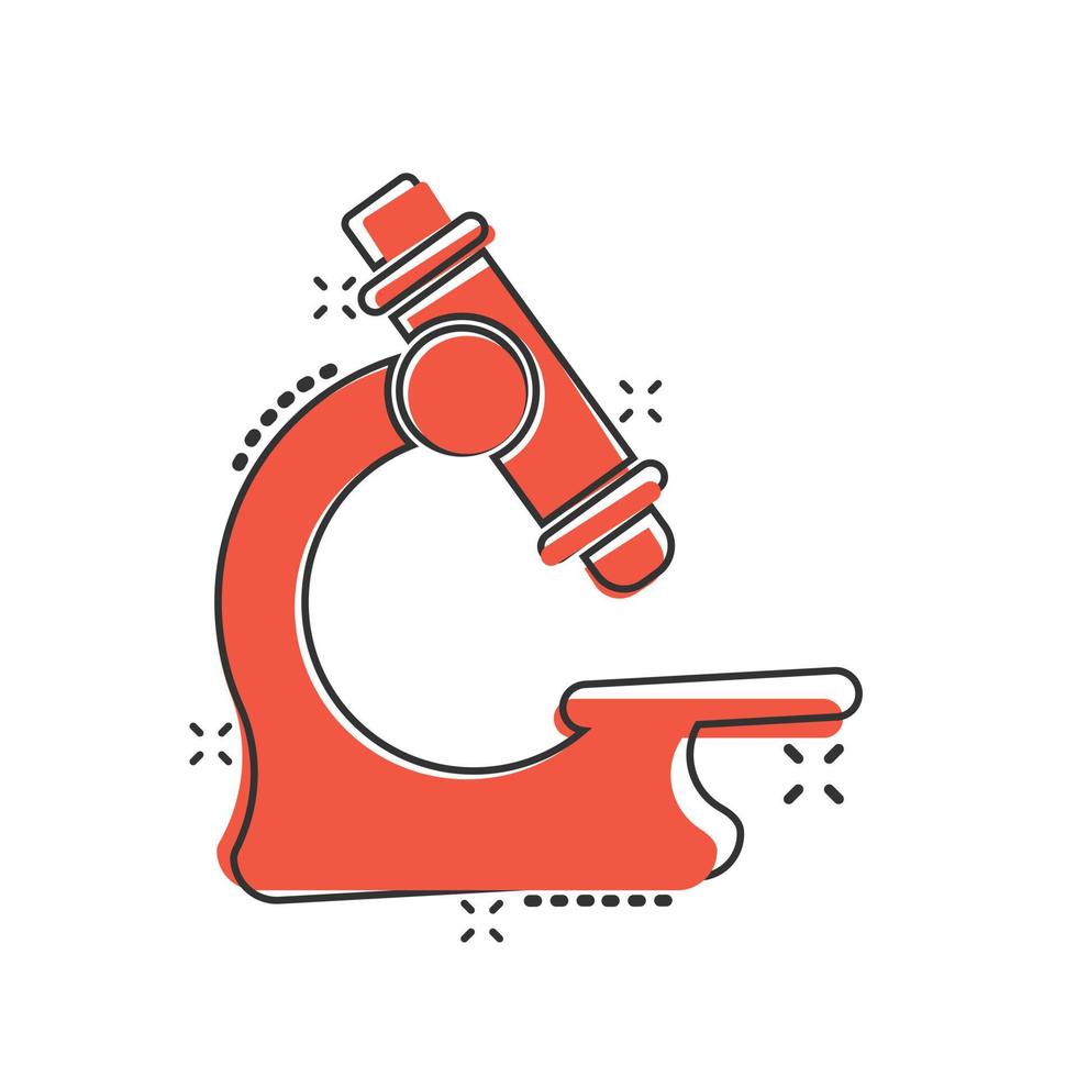 Microscope icon in comic style. Laboratory magnifier cartoon vector illustration on isolated background. Biology instrument splash effect sign business concept.