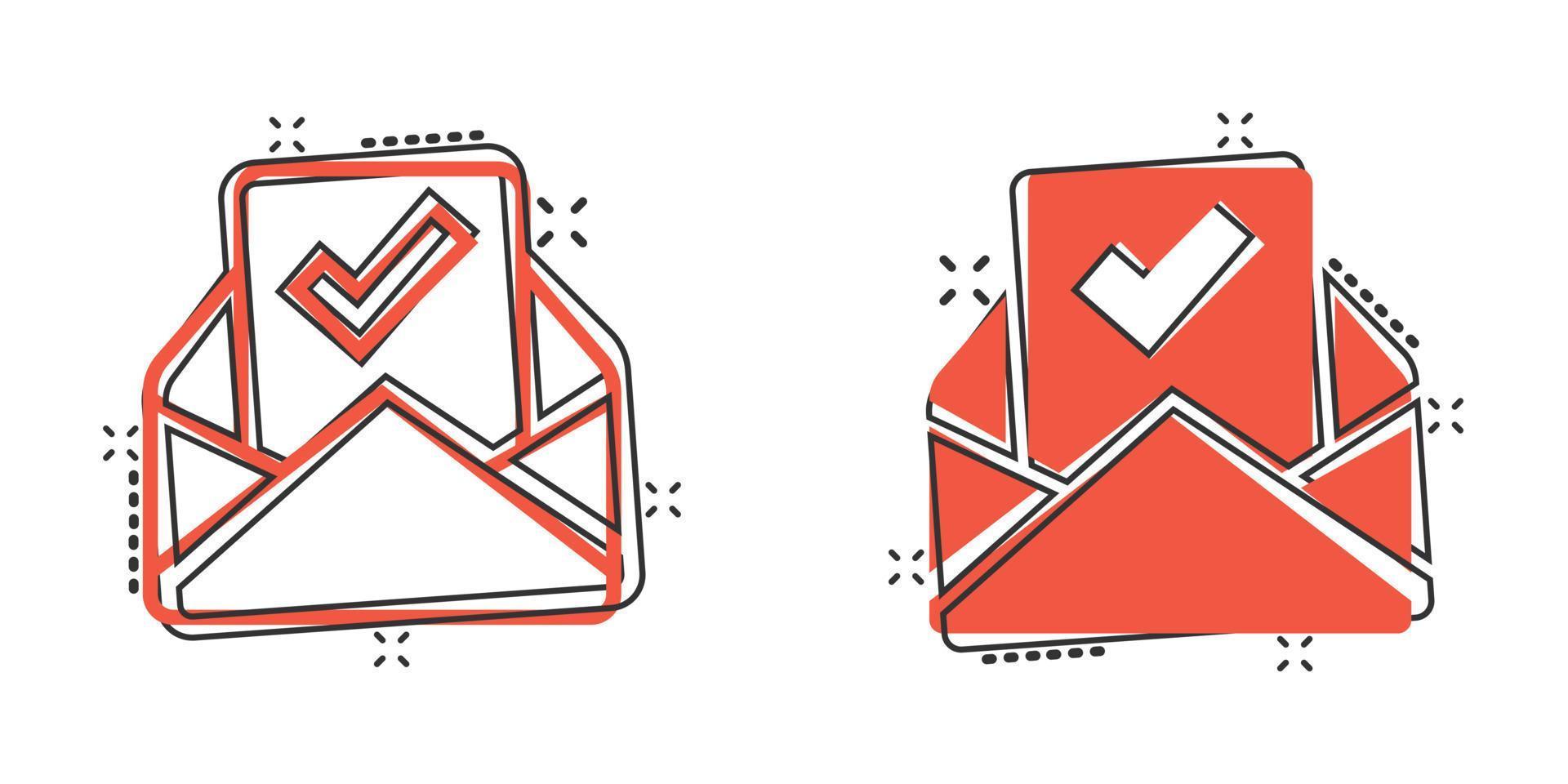 Envelope with confirmed document icon in comic style. Verify cartoon vector illustration on white isolated background. Receive splash effect business concept.