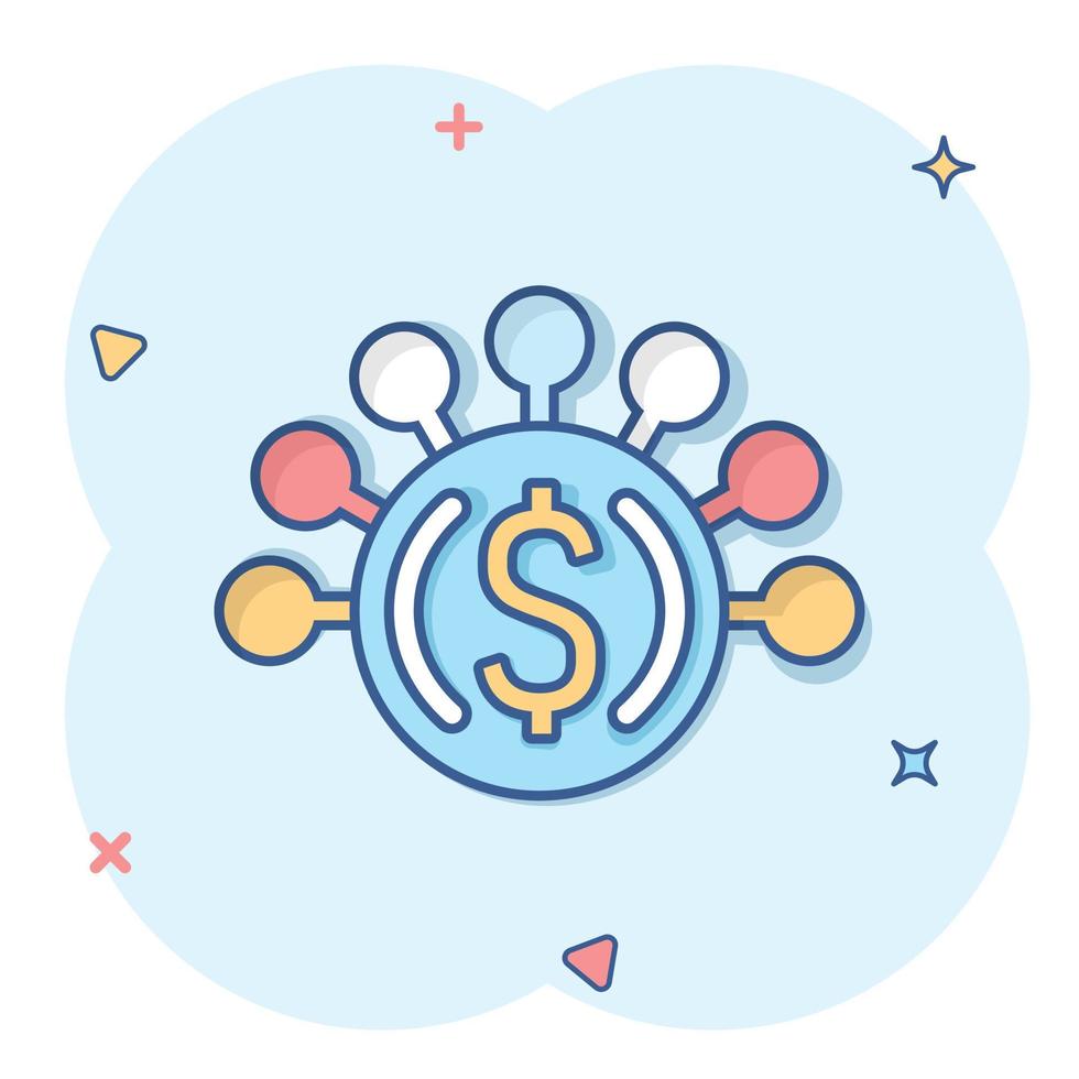 Money revenue icon in comic style. Dollar coin cartoon vector illustration on white isolated background. Finance structure splash effect business concept.