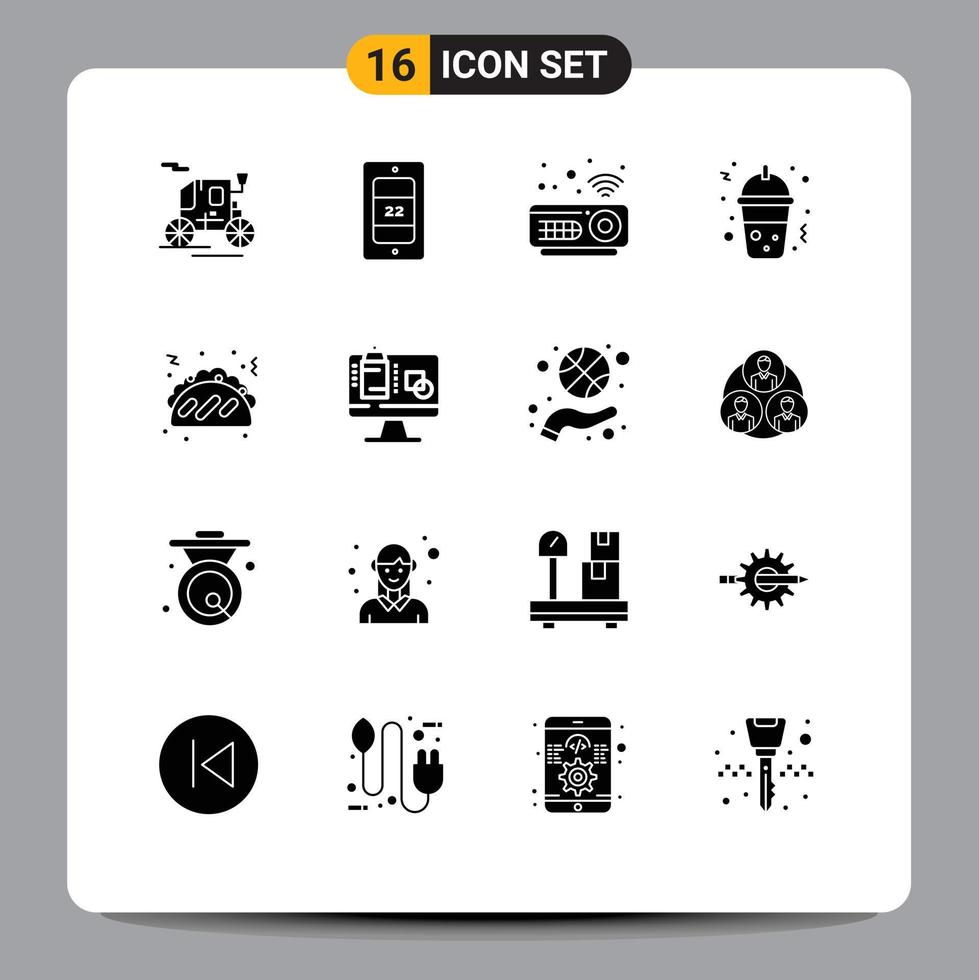 Modern Set of 16 Solid Glyphs Pictograph of data computer projector food taco Editable Vector Design Elements