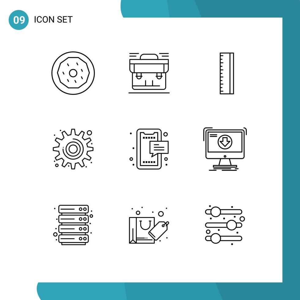 Pack of 9 Modern Outlines Signs and Symbols for Web Print Media such as chat tool suitcase settings cog Editable Vector Design Elements