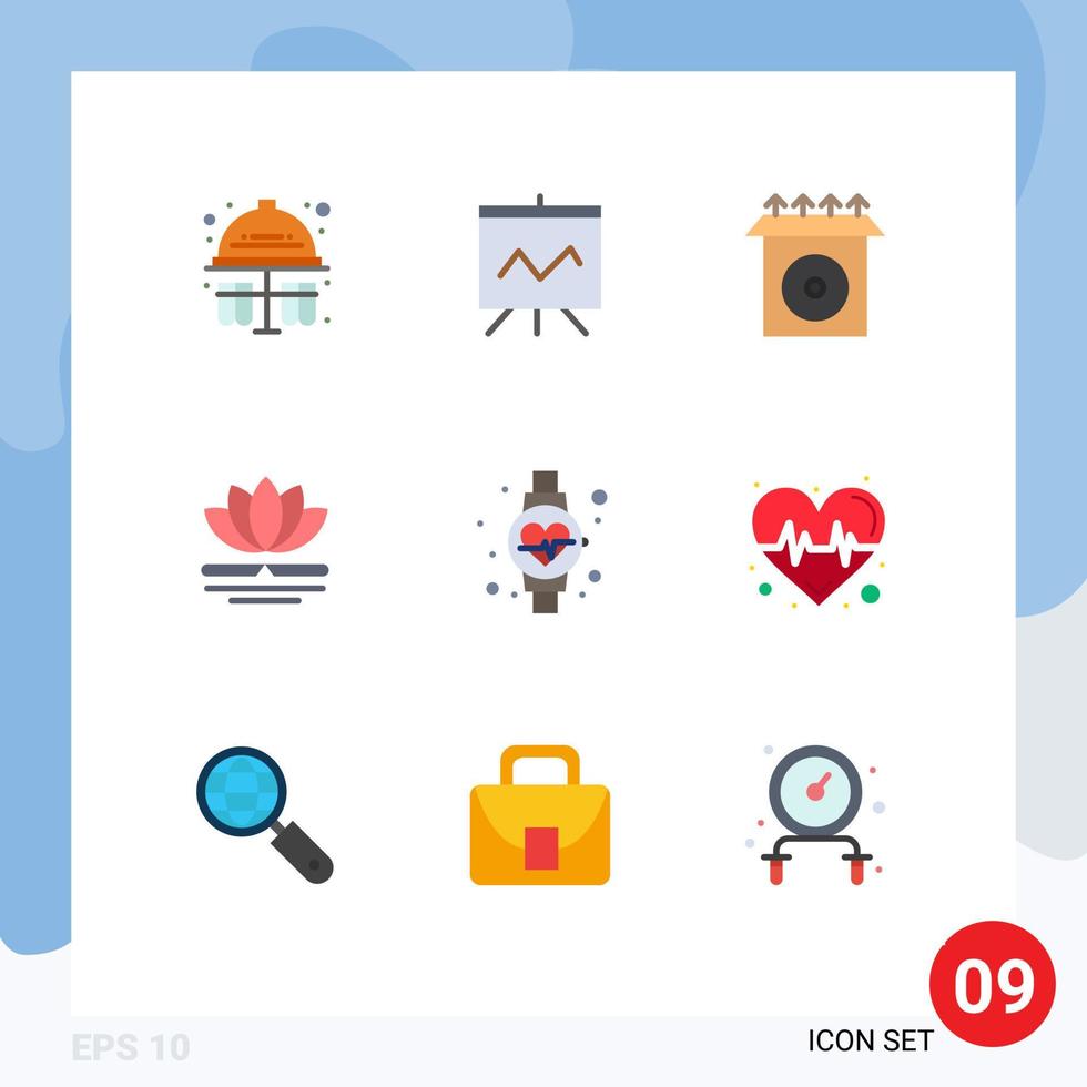 Pictogram Set of 9 Simple Flat Colors of pulse watch install diet massage Editable Vector Design Elements
