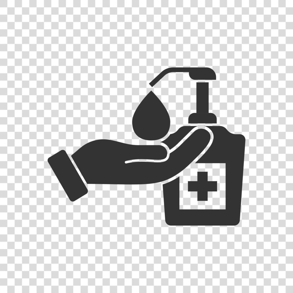 Hand sanitizer icon in flat style. Antiseptic bottle vector illustration on isolated background. Disinfect gel sign business concept.