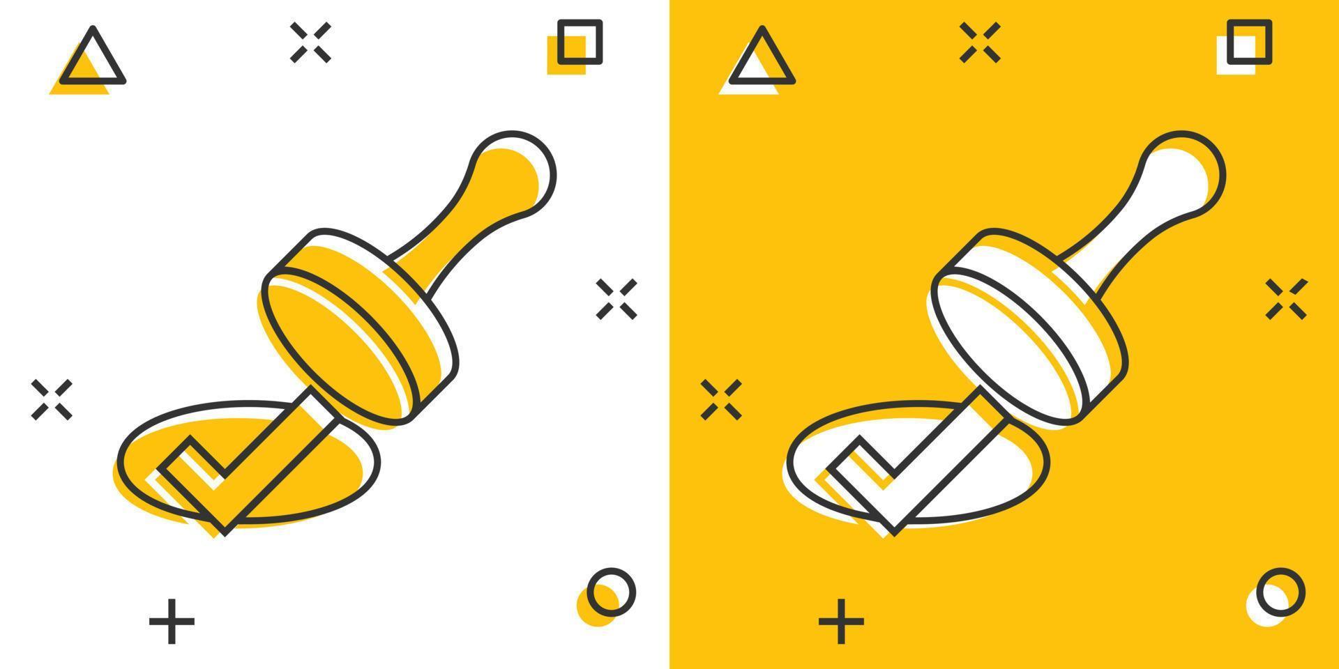 Approve stamp icon in comic style. Accept check mark cartoon vector illustration on white isolated background. Approval choice splash effect business concept.