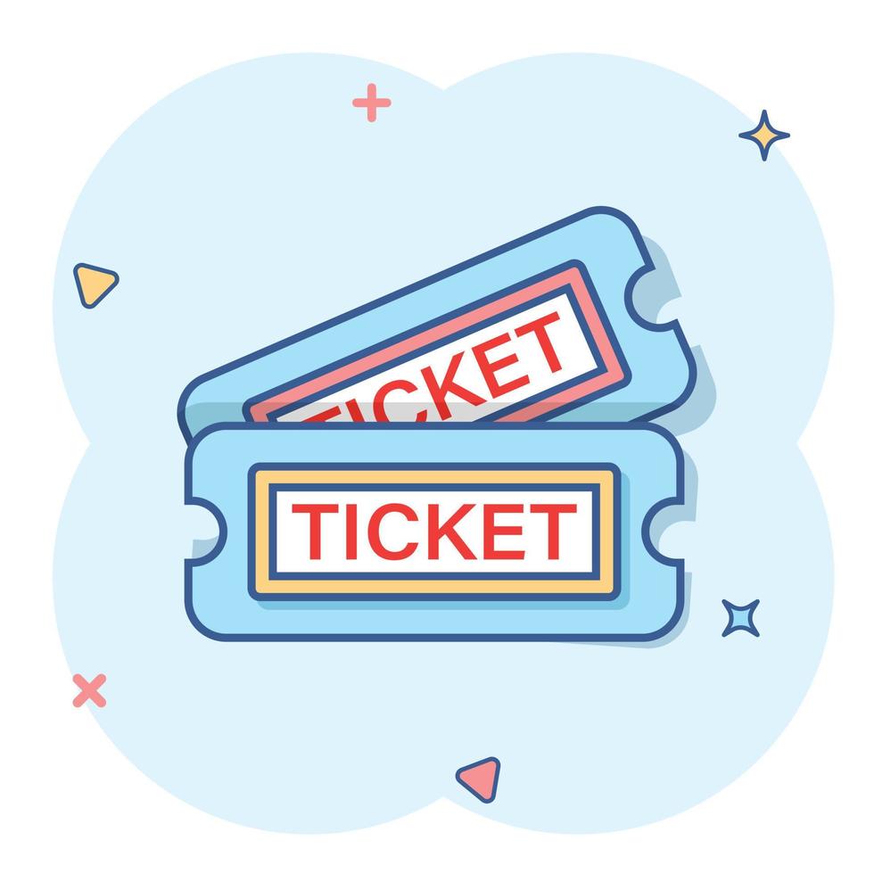 Cinema ticket icon in comic style. Admit one coupon entrance vector cartoon illustration pictogram. Ticket business concept splash effect.